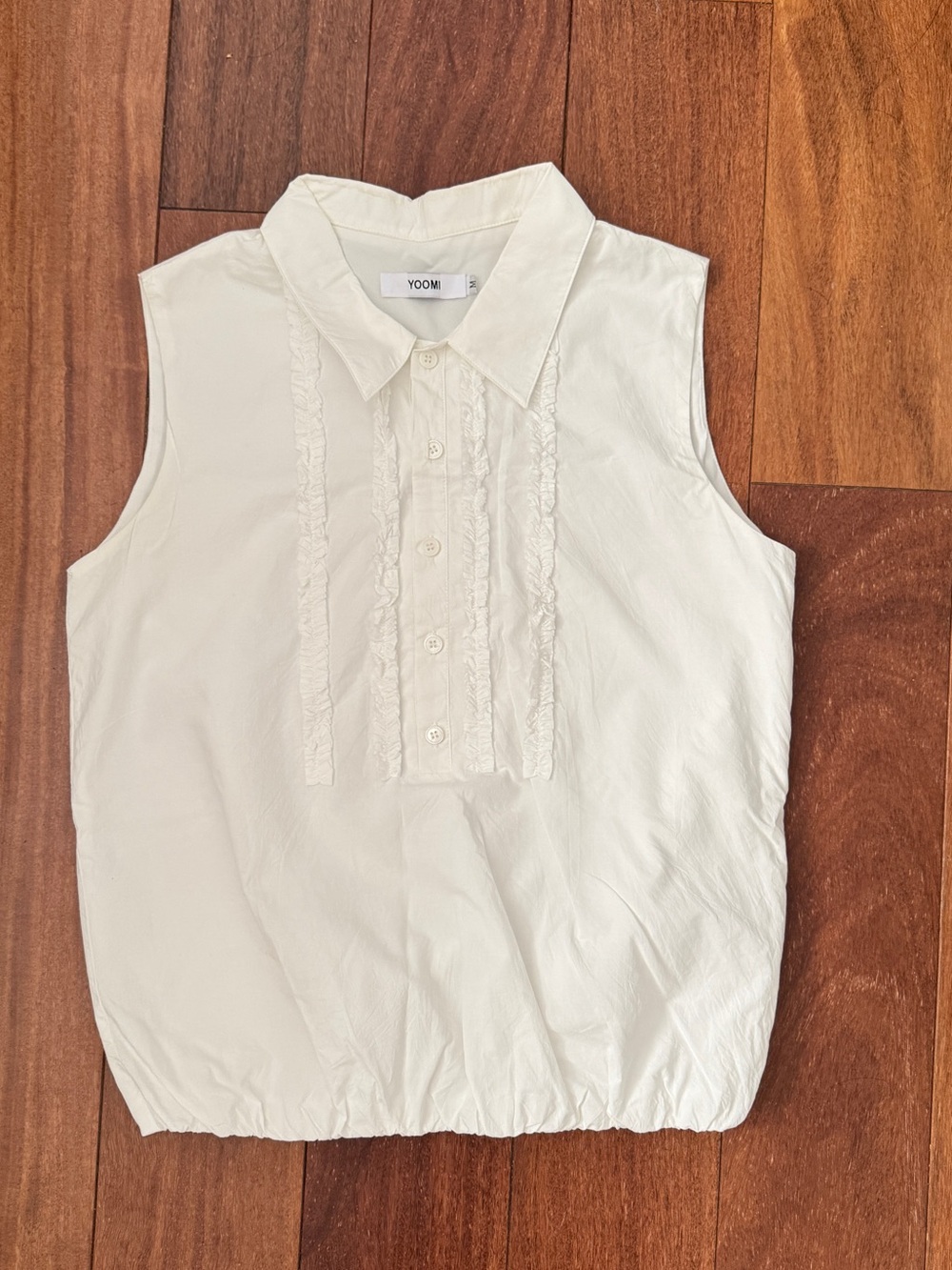 Yoon Cream Sleeveless Ruffle-Front Collared Top